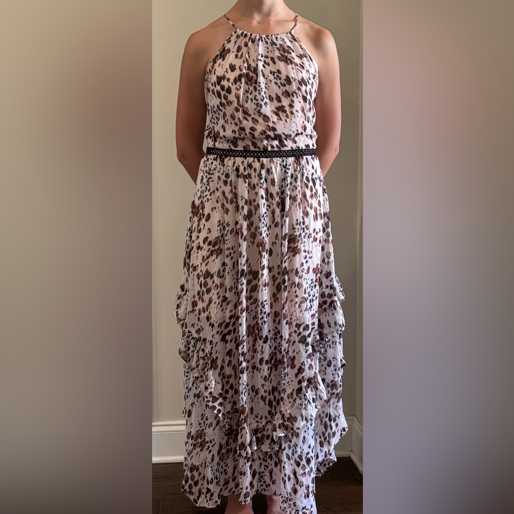 Adelyn Rae Brown, White and Shiny Gold Halter Sundress